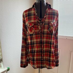 Plaid Long Sleeve Lace-Up Top